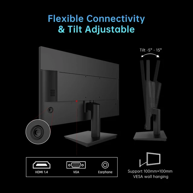 Alt view image 4 of 6 - 24 Inch 1080P Full HD Computer Monitor, 100Hz HDR10 Frameless Gaming Monitor with Freesync, HDMI & VGA Ports PC Monitor for Working, VESA, Tilt Adjustable, Eye Care