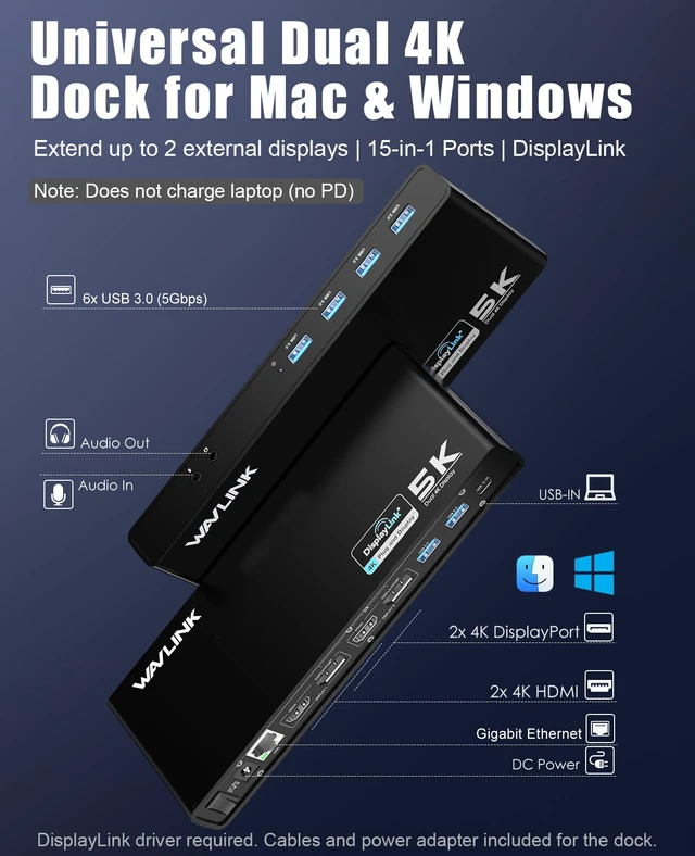 Alt view image 2 of 7 - Pro Dual 4K@60Hz Universal Docking Station | USB 3.0/USB-C Laptop Dock for Mac (M1-M5, Neo) & Windows | 2 HDMI/DP, Gigabit Ethernet, USB 3.0 | Home Office & Multi-Screen Productivity
