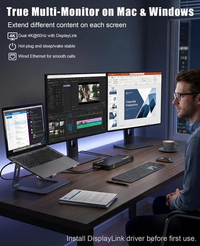Alt view image 3 of 7 - Pro Dual 4K@60Hz Universal Docking Station | USB 3.0/USB-C Laptop Dock for Mac (M1-M5, Neo) & Windows | 2 HDMI/DP, Gigabit Ethernet, USB 3.0 | Home Office & Multi-Screen Productivity