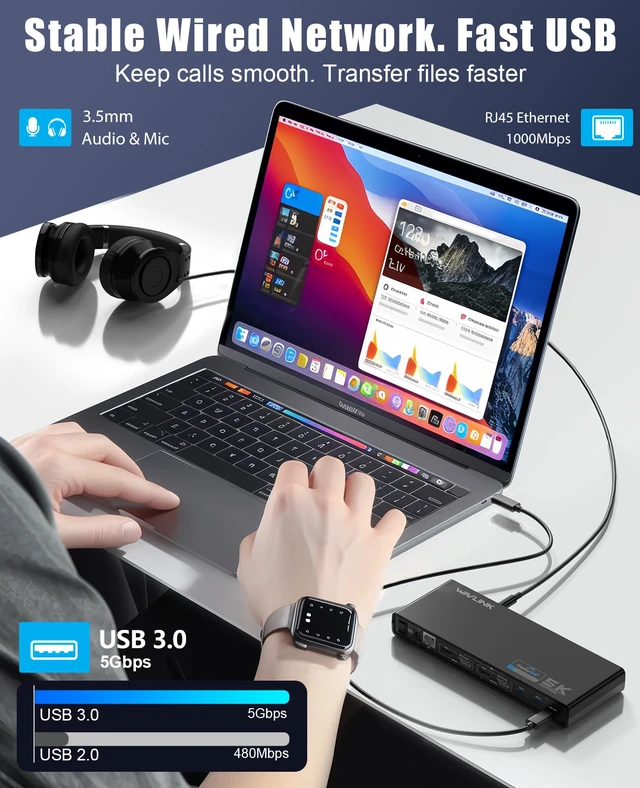 Alt view image 7 of 7 - Pro Dual 4K@60Hz Universal Docking Station | USB 3.0/USB-C Laptop Dock for Mac (M1-M5, Neo) & Windows | 2 HDMI/DP, Gigabit Ethernet, USB 3.0 | Home Office & Multi-Screen Productivity