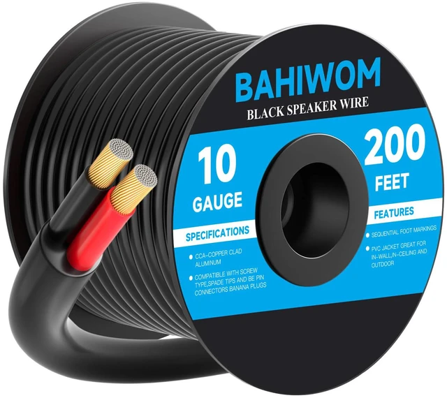 Main image of 10 Gauge Speaker Wire 200 Feet CL3 Related CCA Black Cable with 2 Conductors for Outdoor Direct Burial Backyard Garden Home Car in-Wall Speaker