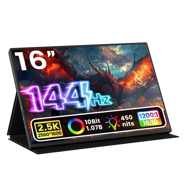 Main image of Portable Monitor 16 inch 2K QHD 2560x1600 106% sRGB, 144Hz USB-C, 120Hz HDMI, HDR Travel Monitor for Laptop Mac PC Surface PS5 Xbox, External Display with Cover & Speakers, VESA Compatible