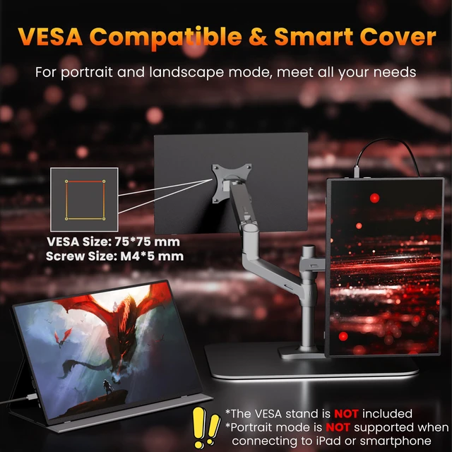 Alt view image 6 of 7 - Portable Monitor 16 inch 2K QHD 2560x1600 106% sRGB, 144Hz USB-C, 120Hz HDMI, HDR Travel Monitor for Laptop Mac PC Surface PS5 Xbox, External Display with Cover & Speakers, VESA Compatible