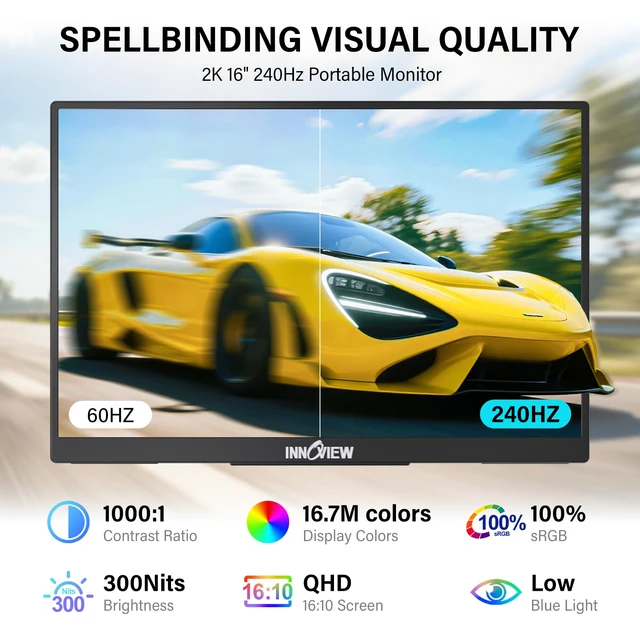 Alt view image 2 of 7 - 16" 240Hz Portable Monitor 2K 2560x1600 100% sRGB Portable Gaming Monitor Laptop Monitors Built-in Speakers 180° Adjustable Type-C HDMI Laptop Screen Extender for Surface Pro PS5 Switch Xbox