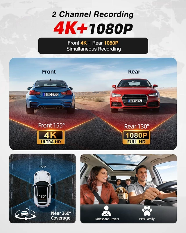 Alt view image 2 of 7 - 4K Dash Cam Front and Rear, HDR Night Vision Dash Camera for Cars 64GB Card 5.8GHz WiFi6 up to 20MB/s APP Control Dash Cams Built-in GPS, G-Sensor, Loop Recording, 170°Wide Angle, 24H Parking Mode