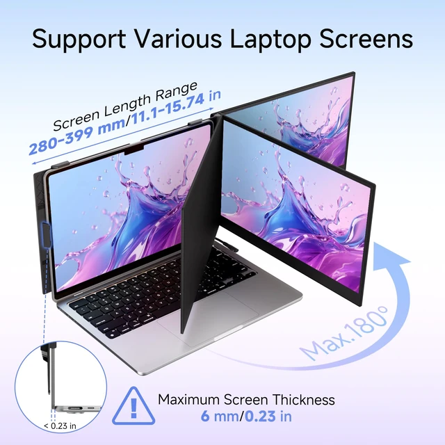 Alt view image 6 of 7 - 14" Laptop Screen Extender, 0.19" Ultra-Thin Laptop Monitor, Stable Damping Stand with 90° Rotation, 180° Rotation Dual Screen, Extra Compatible with Windows/Mac/Android/Switch/PS Fits 13"-17" Laptops