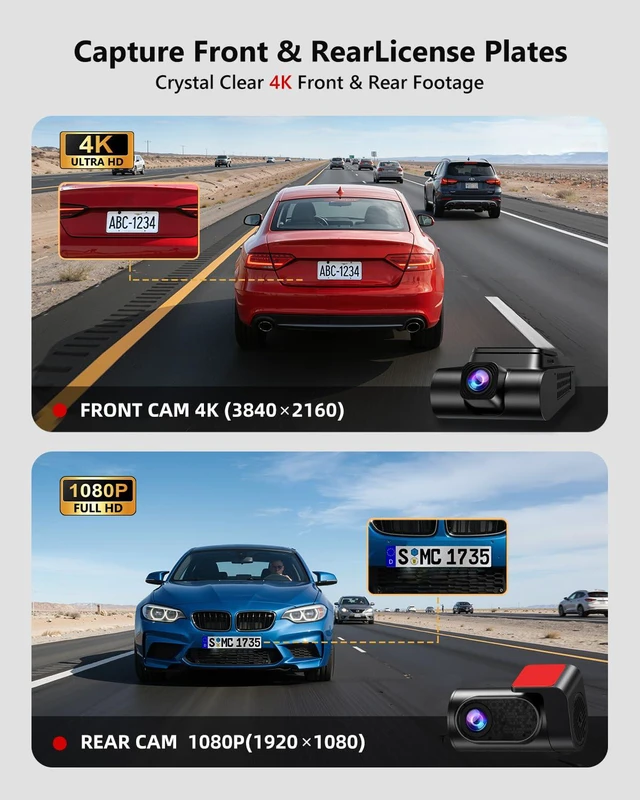 Alt view image 4 of 7 - 4K Dash Cam Front and Rear, HDR Night Vision Dash Camera for Cars 64GB Card 5.8GHz WiFi6 up to 20MB/s APP Control Dash Cams Built-in GPS, G-Sensor, Loop Recording, 170°Wide Angle, 24H Parking Mode