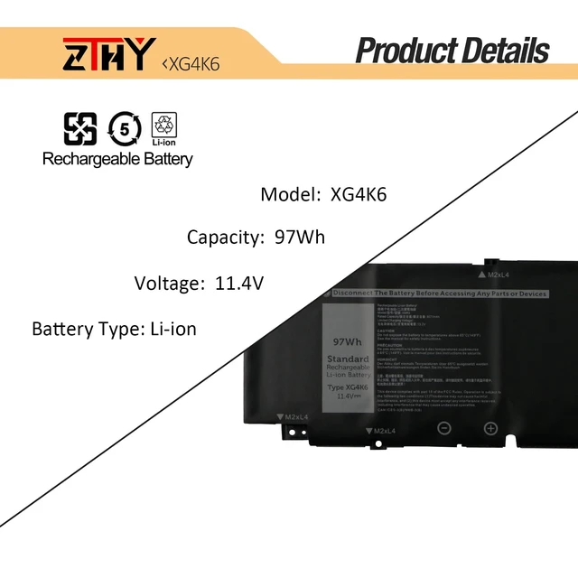 Alt view image 3 of 7 - XG4K6 Battery Replacement for Dell XPS 17 9700 9710 9720 9730 Precision 5750 5760 5770 Series Laptop P92F P92F001 P92F002 P92F003 001RR3 01RR3YM F8CPG OF8CPG 5XJ6R KVPMY 0YY3V KRDHV 11.4V 97Wh 6-Cell
