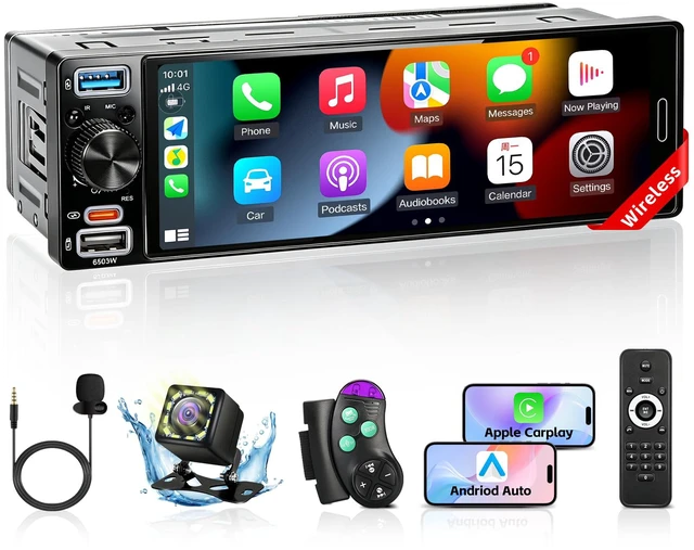 Main image of Single Din Radio Car Stereo with Wireless Apple Carplay & Android Auto, 6.5" IPS Touchscreen Car Radio with Bluetooth 1080P Backup Camera Navigation Mirror Link AM/FM USB & Type-C Fast Charging EQ SWC