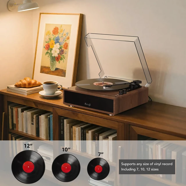 Alt view image 2 of 4 - Vinyl Record Player Built-in Stereo Speakers Vintage Turntable for Vinyl Records Bluetooth LP Phonograph All-in-one MM Cartridge Audio Phono AT-3600L Stylus 3 Speed Belt-Driven Auto Stop Walnut Brown