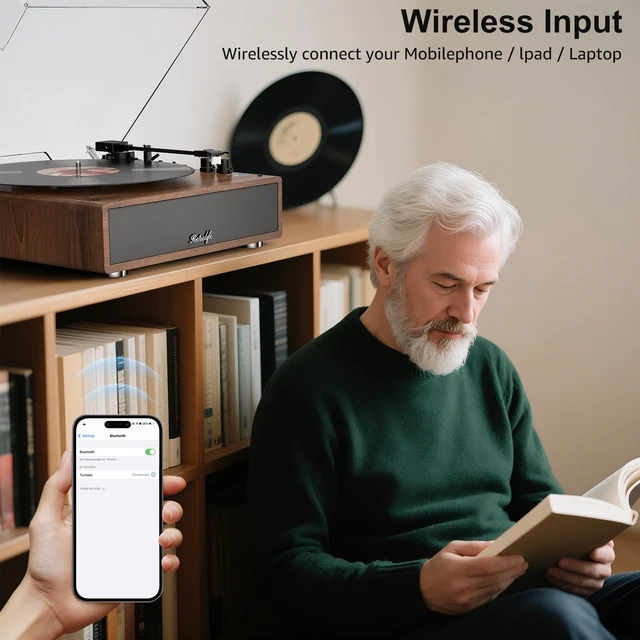 Alt view image 3 of 4 - Vinyl Record Player Built-in Stereo Speakers Vintage Turntable for Vinyl Records Bluetooth LP Phonograph All-in-one MM Cartridge Audio Phono AT-3600L Stylus 3 Speed Belt-Driven Auto Stop Walnut Brown
