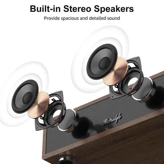 Alt view image 4 of 4 - Vinyl Record Player Built-in Stereo Speakers Vintage Turntable for Vinyl Records Bluetooth LP Phonograph All-in-one MM Cartridge Audio Phono AT-3600L Stylus 3 Speed Belt-Driven Auto Stop Walnut Brown
