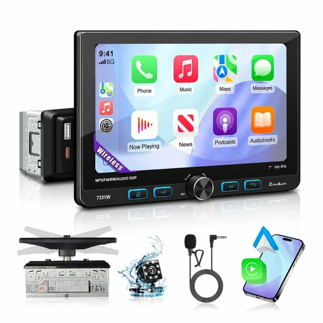 Main image of 7" Single Din Touchscreen Radio, Floating Car Stereo with Wireless Apple CarPlay & Android Auto,30° Adjustable HD IPS Touchscreen,FM/AM,Bluetooth 5.2,USB & Type-C,MIC,Physical Knob, Backup Camera