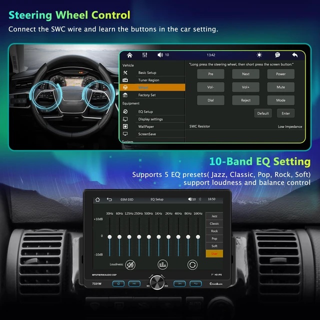 Alt view image 5 of 7 - 7" Single Din Touchscreen Radio, Floating Car Stereo with Wireless Apple CarPlay & Android Auto,30° Adjustable HD IPS Touchscreen,FM/AM,Bluetooth 5.2,USB & Type-C,MIC,Physical Knob, Backup Camera