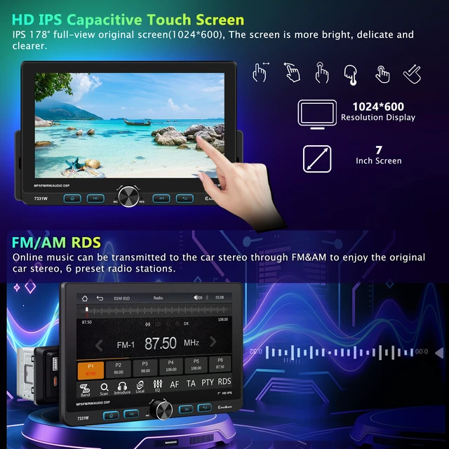Alt view image 3 of 7 - 7" Single Din Touchscreen Radio, Floating Car Stereo with Wireless Apple CarPlay & Android Auto,30° Adjustable HD IPS Touchscreen,FM/AM,Bluetooth 5.2,USB & Type-C,MIC,Physical Knob, Backup Camera