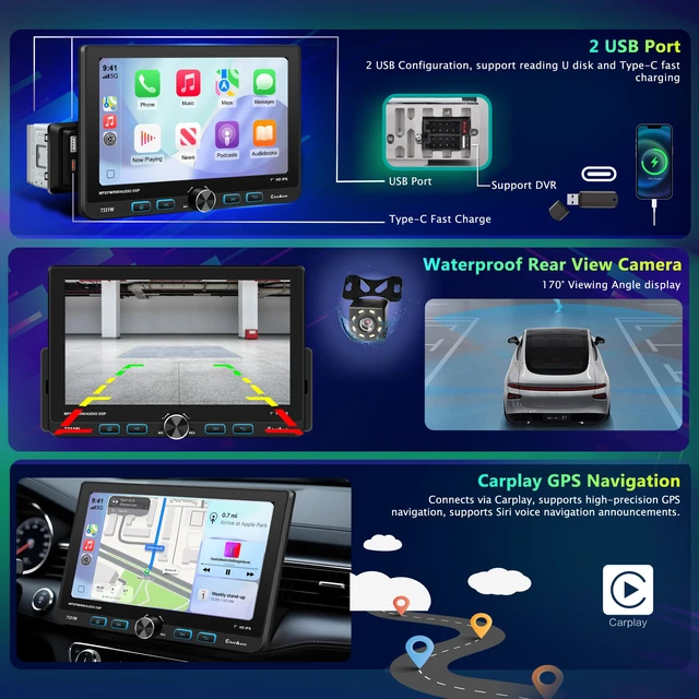 Alt view image 4 of 7 - 7" Single Din Touchscreen Radio, Floating Car Stereo with Wireless Apple CarPlay & Android Auto,30° Adjustable HD IPS Touchscreen,FM/AM,Bluetooth 5.2,USB & Type-C,MIC,Physical Knob, Backup Camera