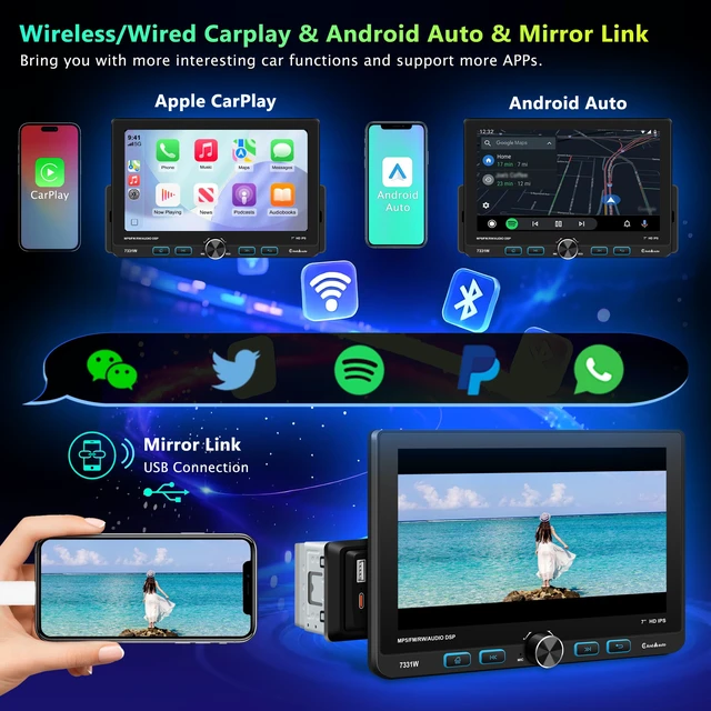 Alt view image 2 of 7 - 7" Single Din Touchscreen Radio, Floating Car Stereo with Wireless Apple CarPlay & Android Auto,30° Adjustable HD IPS Touchscreen,FM/AM,Bluetooth 5.2,USB & Type-C,MIC,Physical Knob, Backup Camera