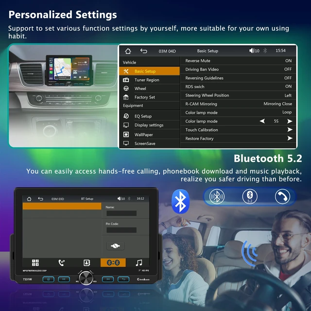 Alt view image 6 of 7 - 7" Single Din Touchscreen Radio, Floating Car Stereo with Wireless Apple CarPlay & Android Auto,30° Adjustable HD IPS Touchscreen,FM/AM,Bluetooth 5.2,USB & Type-C,MIC,Physical Knob, Backup Camera