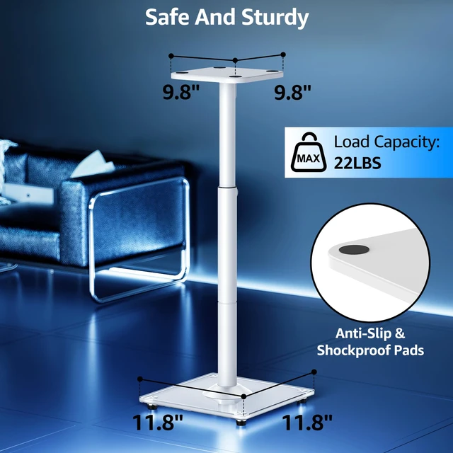 Alt view image 3 of 4 - Universal Speaker Stands Pair, 28.3" to 37.4" Height Adjustable Floor Speaker Stands, Holds Bookshelf & Large Satellite Studio Speakers, Cable Concealing, 22LBS Capacity, 9.8" Plate, White