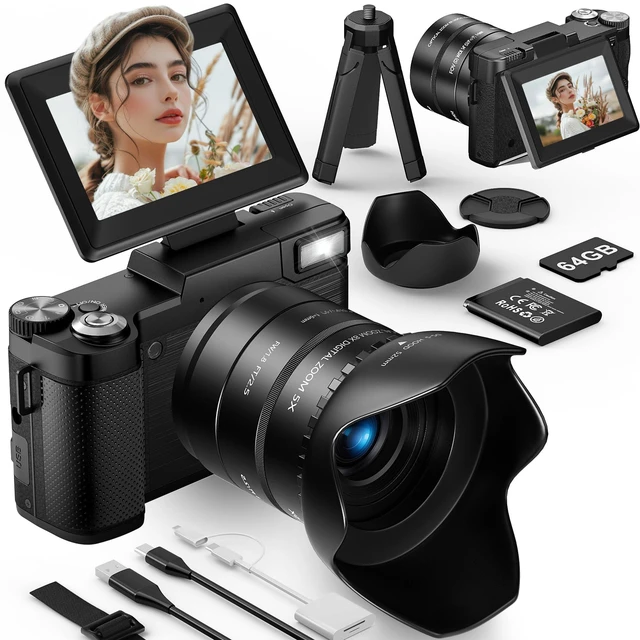 Main image of 6K Digital Camera, 75MP Cameras for Photography with 8X Optical Zoom & Tripod, Anti-Shake Vlogging Camera with 3" 180° Flip Screen, 64GB Card, Card Reader, Vlog Travel Cameras for Teens