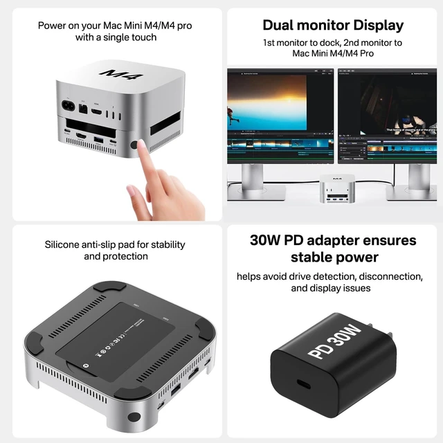 Alt view image 3 of 7 - Mac mini M4 Dock & Stand with Dual-Bay NVMe SSD Enclosure, Aluminum HDMI Hub for Mac mini M4 and M4 Pro 2024, 4K60Hz HDMI,4 X 10G USB A, PD 30W, SD/TF, Support SSD B+M M-Key
