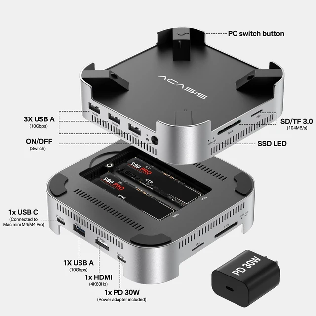 Alt view image 2 of 7 - Mac mini M4 Dock & Stand with Dual-Bay NVMe SSD Enclosure, Aluminum HDMI Hub for Mac mini M4 and M4 Pro 2024, 4K60Hz HDMI,4 X 10G USB A, PD 30W, SD/TF, Support SSD B+M M-Key