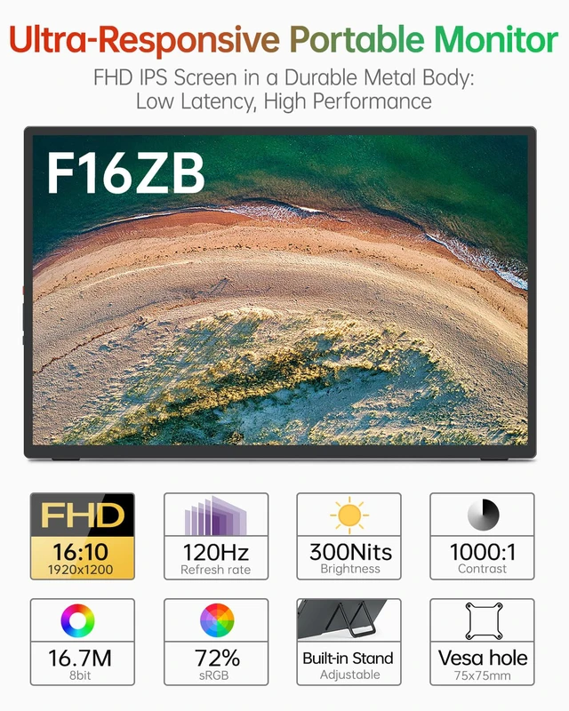 Alt view image 2 of 7 - 16" 120Hz Portable Gaming Monitor, Anti-Glare Portable Monitor with Full-covered Tempered Glass, USB-C HDMI External Display w/Speakers & Stand, Travel Monitor Second Screen for Laptop, F16ZB