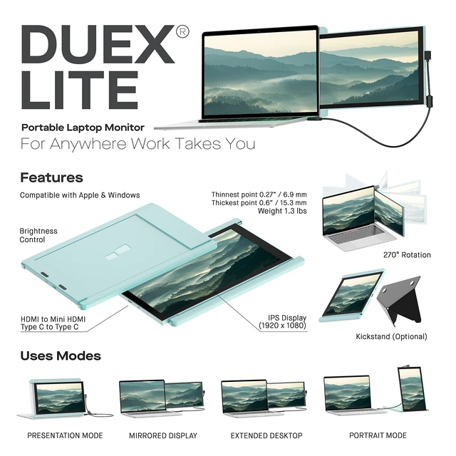 Alt view image 2 of 6 - Lite New Mobile Pixels Portable Monitor (2026 Upgraded), 12.5" Full HD IPS Laptop Screen Extender, USB C/HDMI Powered Plug and Play,Windows/Mac/Android/Switch Compatible (Jadeite Green)