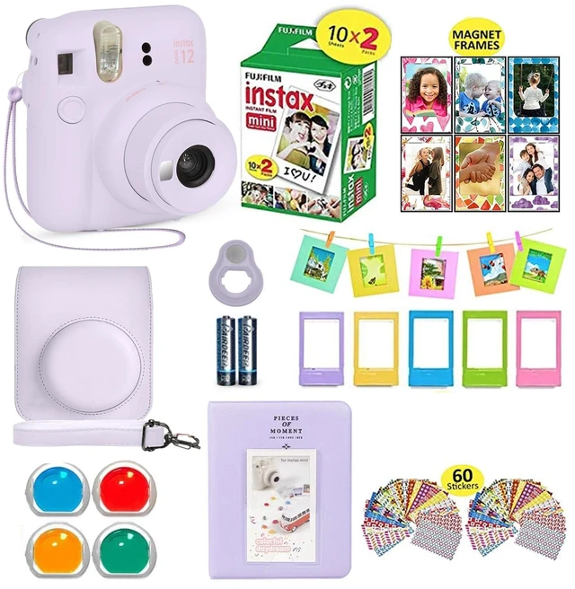 Main image of Instax Mini 12 Instant Camera Lilac Purple + Shutter Compatible Carrying Case + Fuji Film Value Pack (20 Sheets) + Shutter Accessories Bundle, Color Filters, Photo Album, Assorted Frames