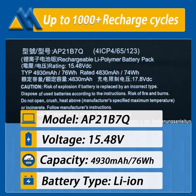 Alt view image 2 of 7 - AP21B7Q Laptop Battery Compatible with Acer Predator Triton 300 SE PT314-51S (2022) Swift Edge SFX16-61G Swift X SFX14-71G Series QKT.00407.014 15.48V 4930mAh 76Wh