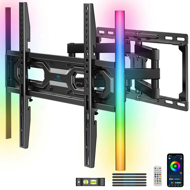 Main image of Full Motion TV Wall Mount with LED Lights for 28-65 Inch TVs, Pre-Assembled TV Mount Up to 88 lbs, Max VESA 400x400mm, Swivel, Extension, Tilt, Music Sync Backlights, Fits 12/16" Wood Studs