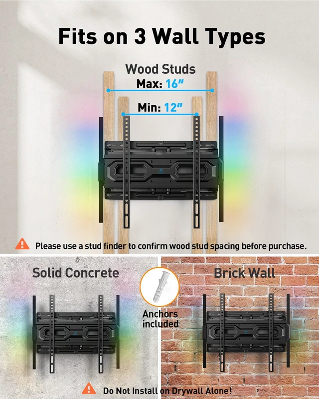 Alt view image 3 of 7 - Full Motion TV Wall Mount with LED Lights for 28-65 Inch TVs, Pre-Assembled TV Mount Up to 88 lbs, Max VESA 400x400mm, Swivel, Extension, Tilt, Music Sync Backlights, Fits 12/16" Wood Studs