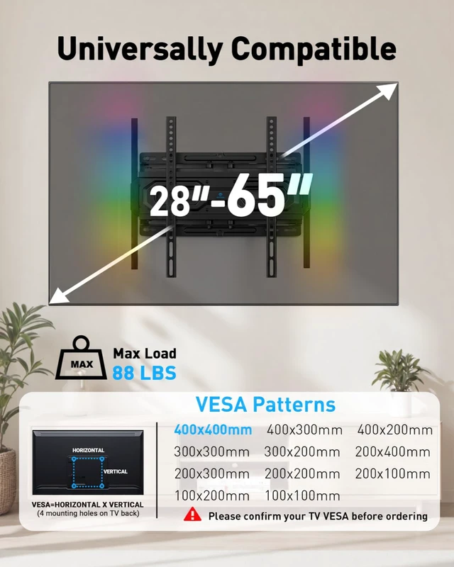 Alt view image 5 of 7 - Full Motion TV Wall Mount with LED Lights for 28-65 Inch TVs, Pre-Assembled TV Mount Up to 88 lbs, Max VESA 400x400mm, Swivel, Extension, Tilt, Music Sync Backlights, Fits 12/16" Wood Studs