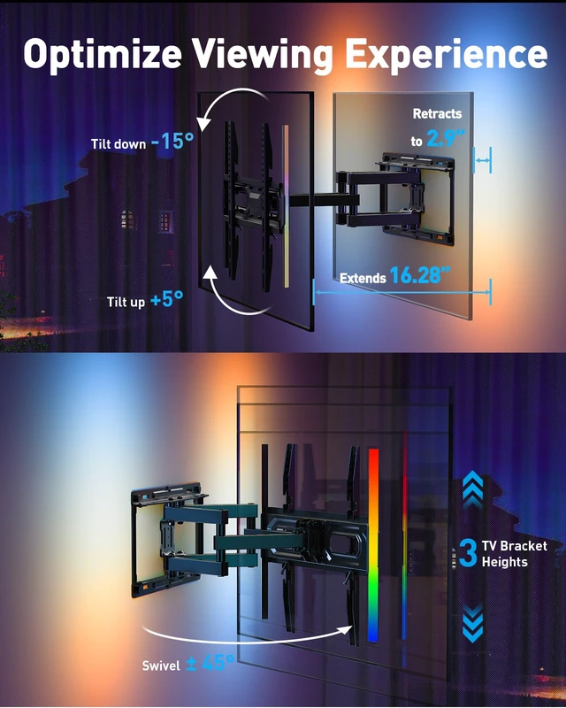 Alt view image 7 of 7 - Full Motion TV Wall Mount with LED Lights for 28-65 Inch TVs, Pre-Assembled TV Mount Up to 88 lbs, Max VESA 400x400mm, Swivel, Extension, Tilt, Music Sync Backlights, Fits 12/16" Wood Studs
