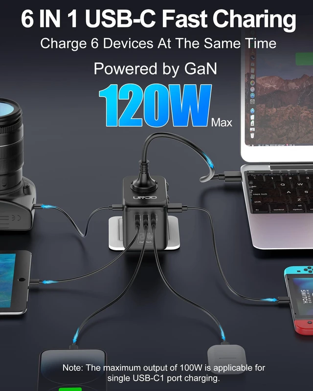 Alt view image 2 of 7 - Universal Travel Adapter 120W GaN Fast Charger, 4 USB C 1 USB-A & 2500W AC Outlet, International Power Adapter for Europe UK US 200+ Countries, Compatible for MacBook iPhone iPads Laptop Phone