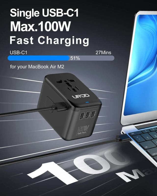 Alt view image 3 of 7 - Universal Travel Adapter 120W GaN Fast Charger, 4 USB C 1 USB-A & 2500W AC Outlet, International Power Adapter for Europe UK US 200+ Countries, Compatible for MacBook iPhone iPads Laptop Phone