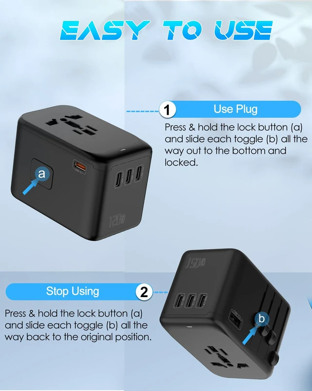 Alt view image 7 of 7 - Universal Travel Adapter 120W GaN Fast Charger, 4 USB C 1 USB-A & 2500W AC Outlet, International Power Adapter for Europe UK US 200+ Countries, Compatible for MacBook iPhone iPads Laptop Phone