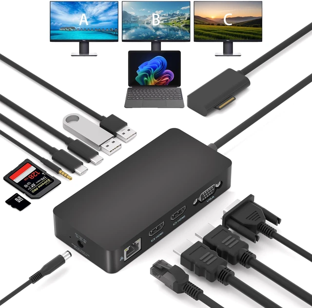 Main image of 12 in 1 New Surface Docking Stationg, Triple Displays VGA + Dual 4k@30hz HDMI, Surface Dock for Surface Pro 11/10/9/8/X/7/6/5/4/3, Surface Laptop, Surface Laptop Go, Surface Go Dock, Surface Book Dock