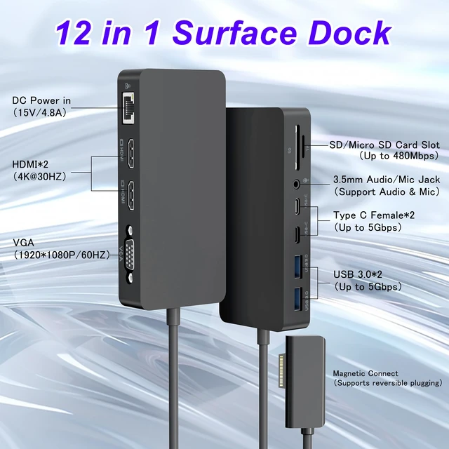 Alt view image 2 of 7 - 12 in 1 New Surface Docking Stationg, Triple Displays VGA + Dual 4k@30hz HDMI, Surface Dock for Surface Pro 11/10/9/8/X/7/6/5/4/3, Surface Laptop, Surface Laptop Go, Surface Go Dock, Surface Book Dock