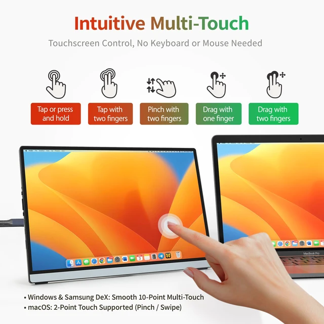 Alt view image 3 of 7 - 2.5K Portable Monitor Touchscreen, 14" Portable Touch Screen for Laptop 2560x1600, 16:10 Travel Monitor with Tempered Glass, 100% sRGB USB & HDMI Portable Display with Stand & Speaker, Q14ZT