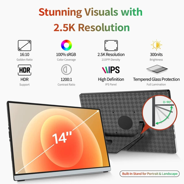 Alt view image 2 of 7 - 2.5K Portable Monitor Touchscreen, 14" Portable Touch Screen for Laptop 2560x1600, 16:10 Travel Monitor with Tempered Glass, 100% sRGB USB & HDMI Portable Display with Stand & Speaker, Q14ZT