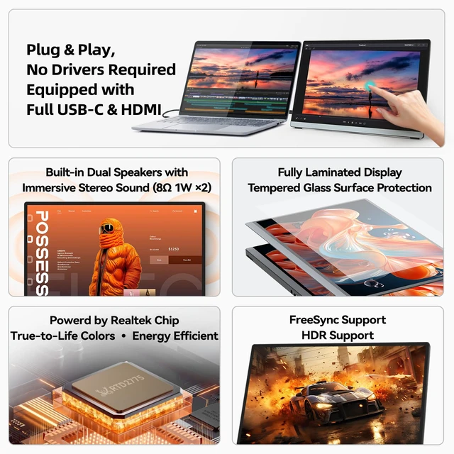 Alt view image 5 of 7 - 2.5K Portable Monitor Touchscreen, 14" Portable Touch Screen for Laptop 2560x1600, 16:10 Travel Monitor with Tempered Glass, 100% sRGB USB & HDMI Portable Display with Stand & Speaker, Q14ZT
