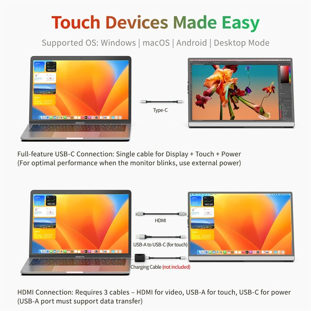 Alt view image 7 of 7 - 2.5K Portable Monitor Touchscreen, 14" Portable Touch Screen for Laptop 2560x1600, 16:10 Travel Monitor with Tempered Glass, 100% sRGB USB & HDMI Portable Display with Stand & Speaker, Q14ZT