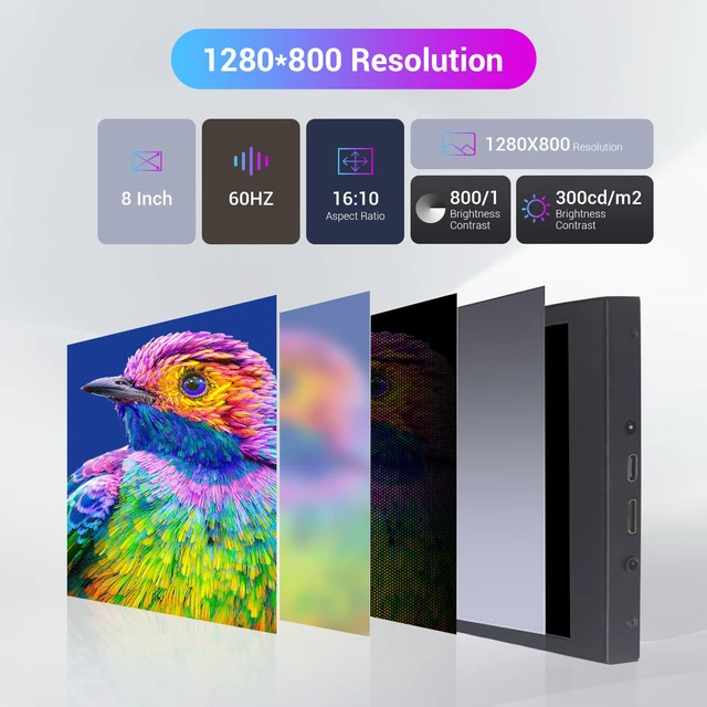 Alt view image 3 of 7 - 8 Inch Touch Screen Portable Monitor, Mini HDMI Display, 1280 * 800 Resolution for PC Laptop Compatible with Raspberry Pi Game Consoles