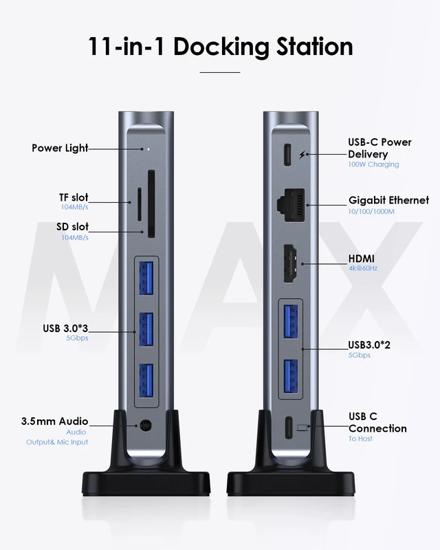 Alt view image 2 of 7 - 11-in-1 USB C Docking Station with Detachable 3.3ft Long Cable, 4K@60Hz HDMI, 100W PD, Ethernet, USB 3.0, SD/TF, Vertical Design for MacBook Pro/Air/Neo, Dell, HP, Lenovo, Surface Laptop (D54)