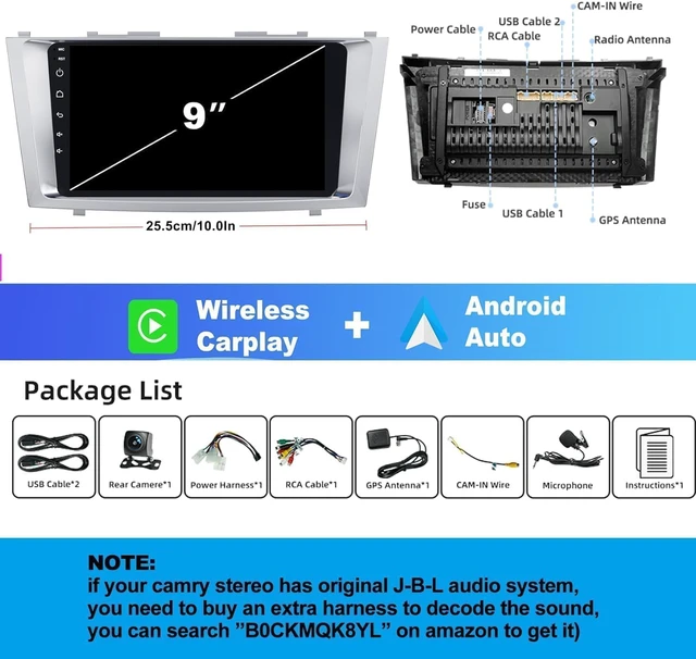Alt view image 7 of 7 - 4GB+64GB Car Radio for Toyta Cary 2006-2011,9 Inch QLED Touchscreen Car Stereo with Wireless Carplay,Android Auto,GPS,Bluetooth,FM, Android 13 Camry Radio with Back-up Camera
