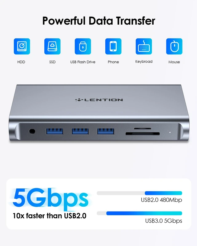 Alt view image 5 of 7 - 11-in-1 USB C Docking Station with Detachable 3.3ft Long Cable, 4K@60Hz HDMI, 100W PD, Ethernet, USB 3.0, SD/TF, Vertical Design for MacBook Pro/Air/Neo, Dell, HP, Lenovo, Surface Laptop (D54)