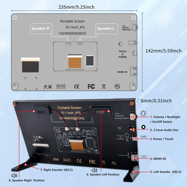 Alt view image 3 of 7 - 10.1 Inch Capacitive Touchscreen Display, 1024x600 IPS LCD with Dual-Speaker, HDMI Portable Monitor for Raspberry Pi 5/4B/3B+/3B/B+/Zero/400, Win11/10/8/7, Free-Driver