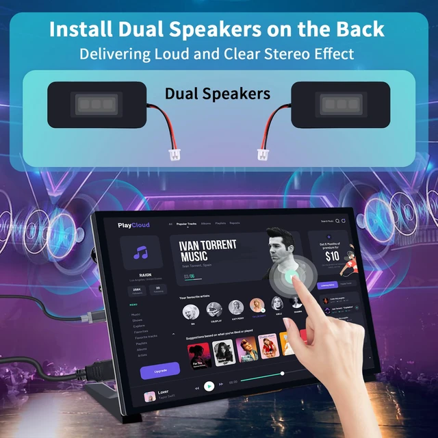 Alt view image 4 of 7 - 10.1 Inch Capacitive Touchscreen Display, 1024x600 IPS LCD with Dual-Speaker, HDMI Portable Monitor for Raspberry Pi 5/4B/3B+/3B/B+/Zero/400, Win11/10/8/7, Free-Driver