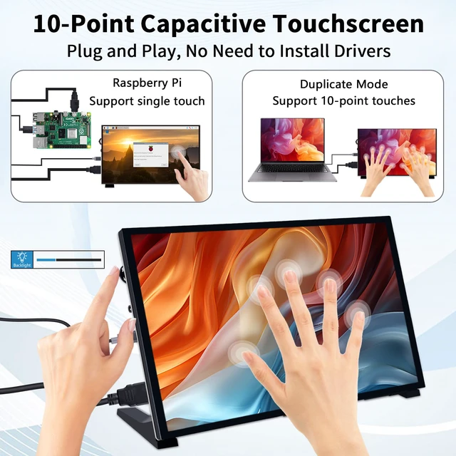 Alt view image 2 of 7 - 10.1 Inch Capacitive Touchscreen Display, 1024x600 IPS LCD with Dual-Speaker, HDMI Portable Monitor for Raspberry Pi 5/4B/3B+/3B/B+/Zero/400, Win11/10/8/7, Free-Driver